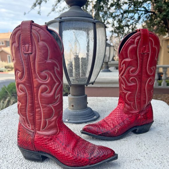 TEXAS Red Snakeskin Leather Red Cowboy Boots Sz 5 M Women Western Country Wear - Picture 1 of 14